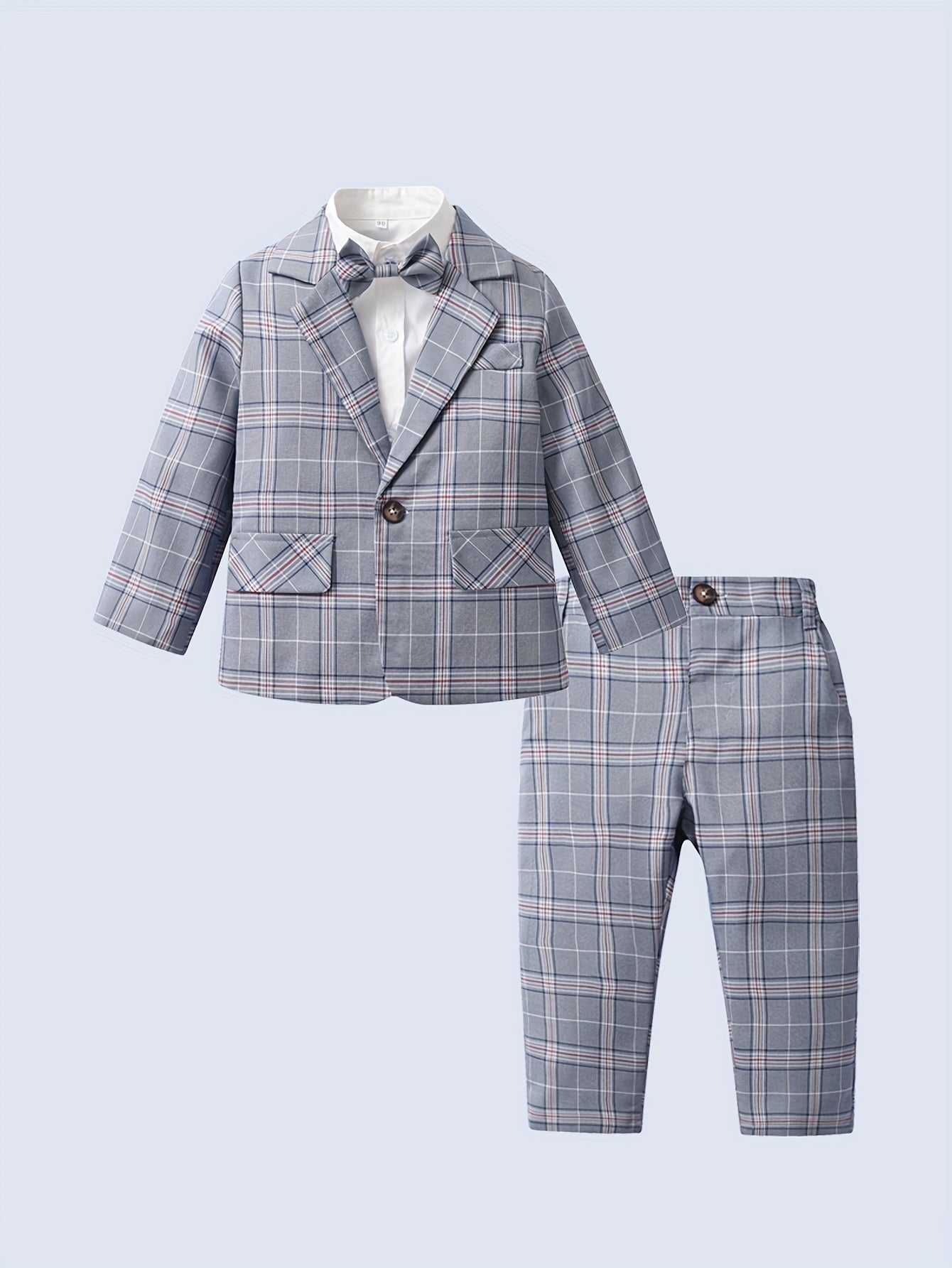 Baby Boy Fashion Gentleman Style Casual 3pcs/Set, Bow Tie Dress Shirt & Long Sleeve Plaid Coat & Plaid Pants Set, Outdoor Cloth