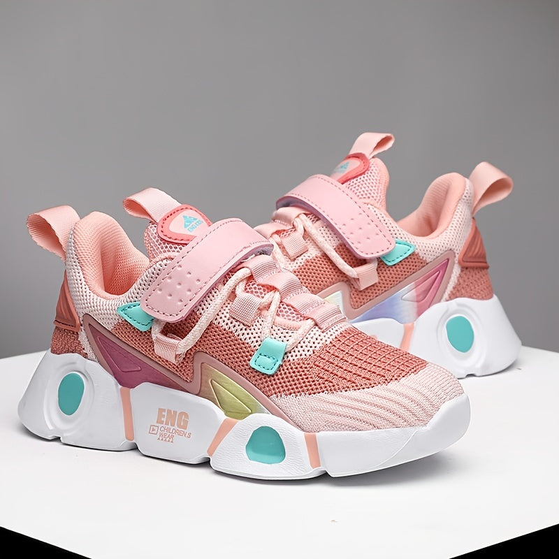 Girls' Breathable Knit Sneakers - Fashionable Striped Low-Top Sneakers with Closure, Lightweight & Comfortable for All Seasons, Pink & Black Design with Mesh Upper and EVA Sole, Youngsters Sneakers | Fashionable Striped Sneak