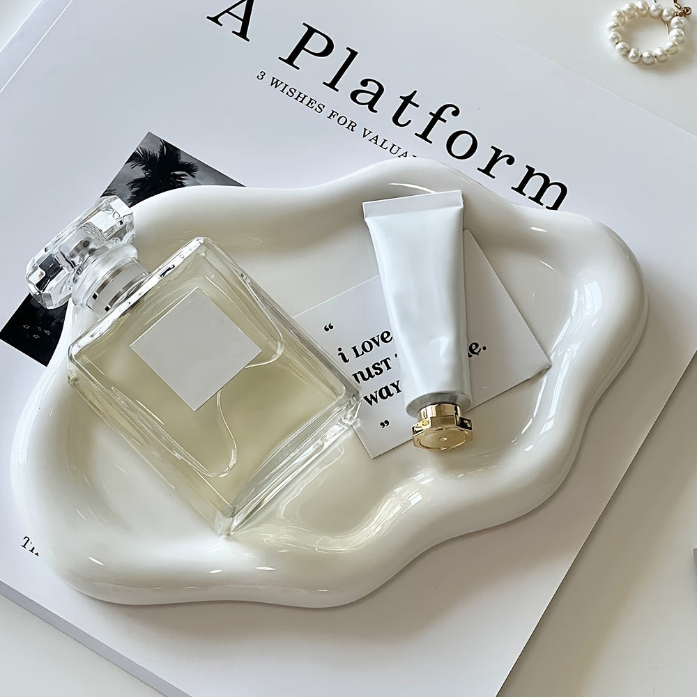 1pc Cloud Ceramic Tray - Sleek Single-Layer Design with Exquisite Light Luxury Finish, Spacious Jewelry Storage, Elegant Perfume Display, and Convenient Key Storage - Perfect for Home, Living Room, or Office Decor, Ideal Gift