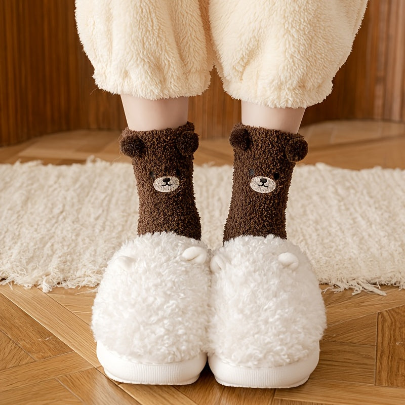 1 Pair Women'S Cute Non-Shedding Coral Fleece Warm Socks | Autumn-Winter Collection, Solid Color, Fabric