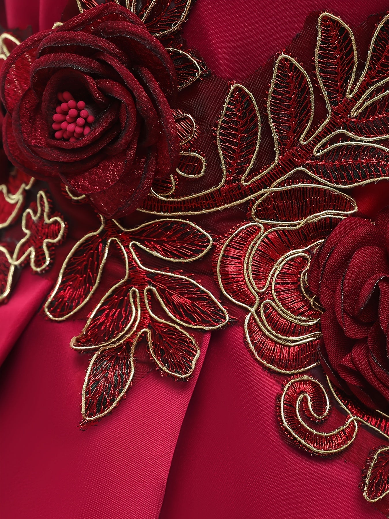 Elegant Red Embroidered Mesh Princess Dress for Girls 4-12 - Perfect for Piano Performances & Flower Girl Duties, Knee-Length with Umbrella Hem