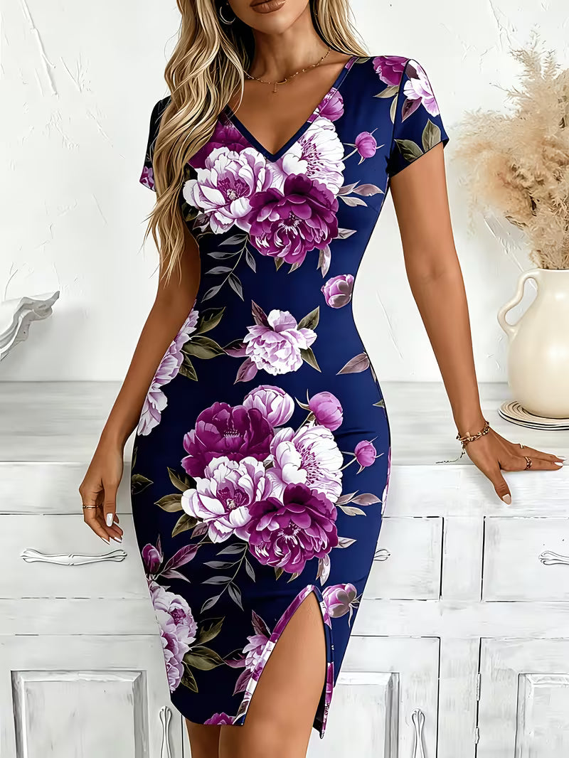 Women's Printed V-neck Short Sleeved Side Slit Dress