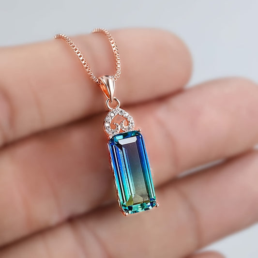 ANGOL Bohemian Rose Golden Necklace with Blue-Green Synthetic & White Synthetic Zirconia Bowknot Pendant - Four-Prong Setting for Everyday & Party Jewelry, Women's Fashion Gift, Engagement Accessory, Elegant Accessory, Bowkno