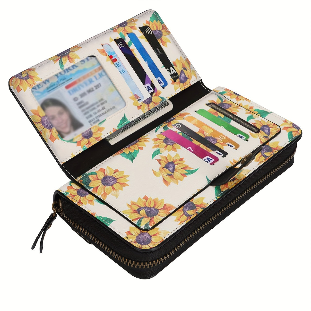 Flower Pattern PU Leather Zipper Handbag Fashion Large Capacity Long Wallet Clutch Bag Phone Bag Multi-card Card Holder Coin Purse Wallet