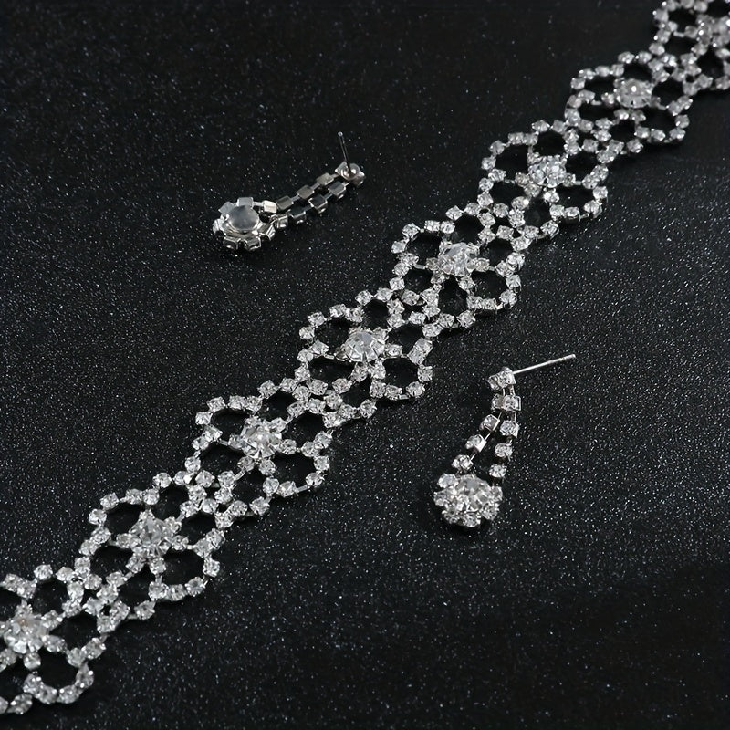 Luxurious Rhinestone & Faux Crystal Flower Jewelry Set - Elegant Claw Chain Necklace and Matching Stud Earrings, Copper Crafted for Daily Wear, Vintage Jewelry