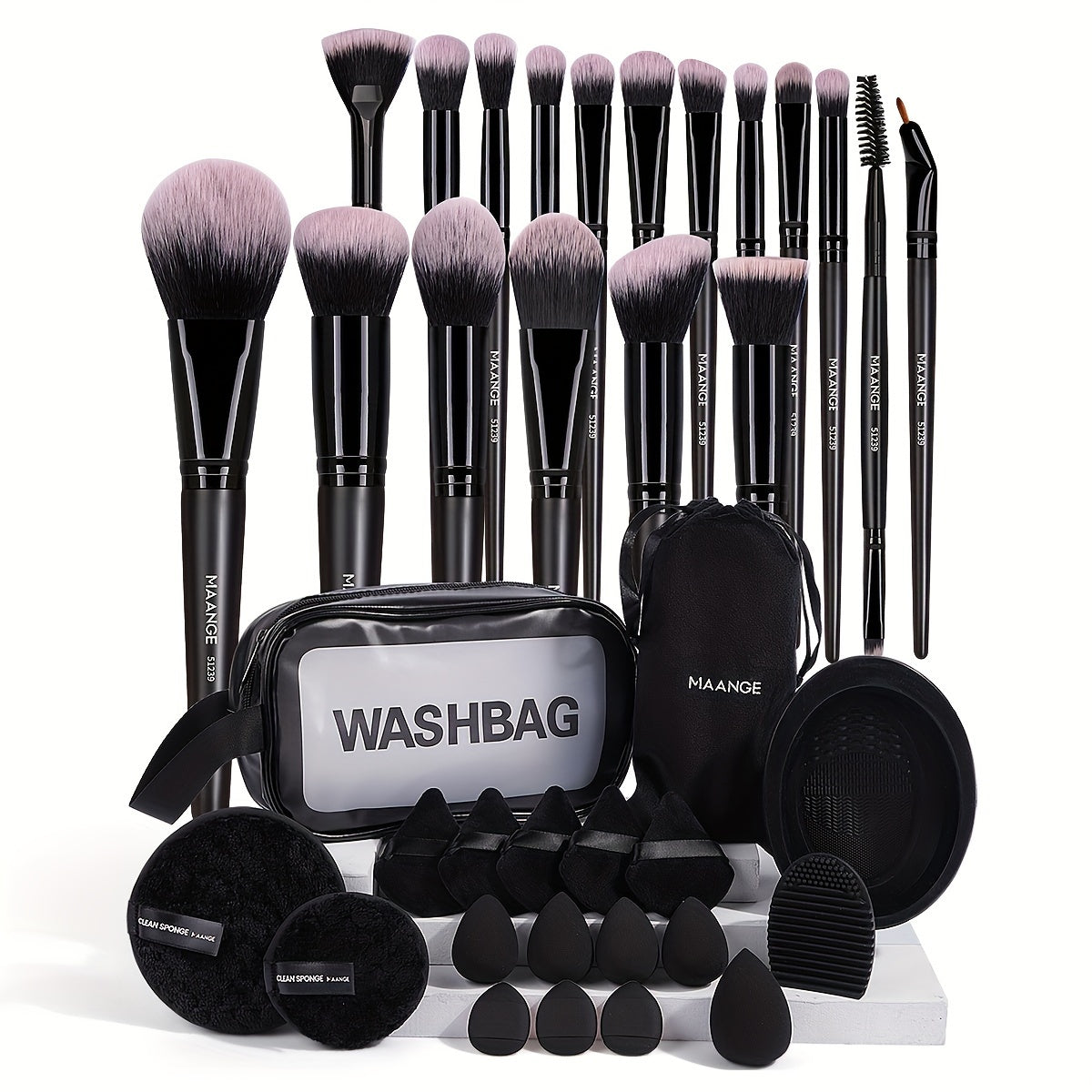 1 Set, MAANGE 18-Piece Makeup Brushes Kit With Makeup Sponge, Powder Puff, Finger Puff, Makeup Removal Puff, Cleaning Pad And Washbag, Portable Full Makeup Tools Set, Travel Size Cosmetic Brush Collection, Ideal Gift For Her