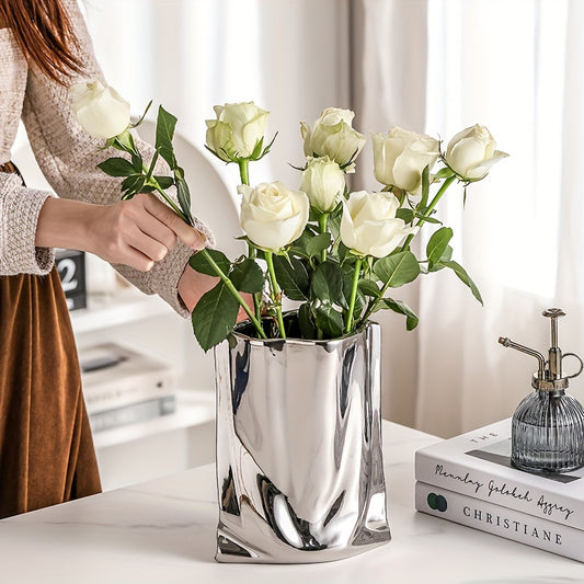 1pc Vase, High-End Light Luxury Decoration, Creative Electroplated and Silvery Ceramic Vase, Artificial Flower Decor