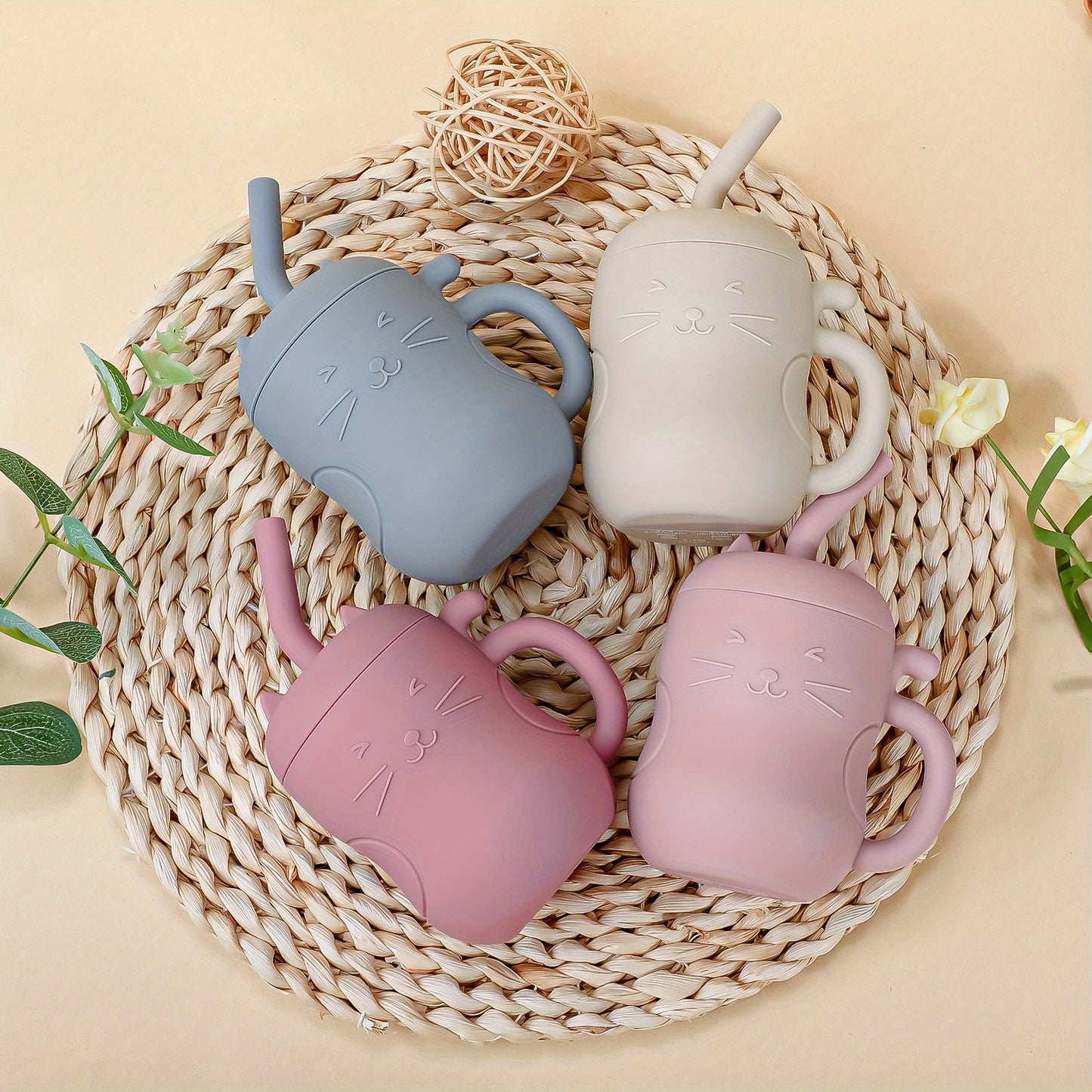 TYRY.HU Baby Learning Cup with Straw & Lid - Leak-Proof Soft Silicone Training Cup Suitable for, Feeding, Lid & Straw, Cute Cat, Easy to Clean, (4 Colors: ///)