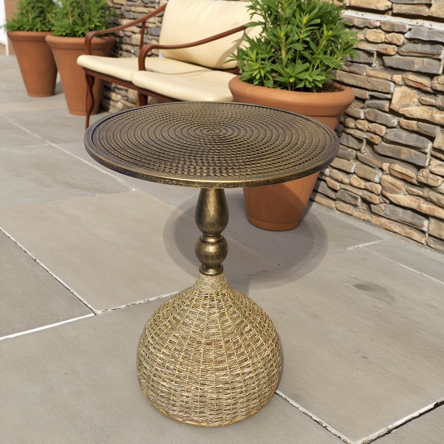 Handcrafted Wicker Iron Artistic Water Grass Rope Braided Tea Table Side Table Flower Rack Living Room Sofa Side Table Study Room Balcony Inn Outdoor Coffee House Bar, Garden Patio Bedroom Decoration