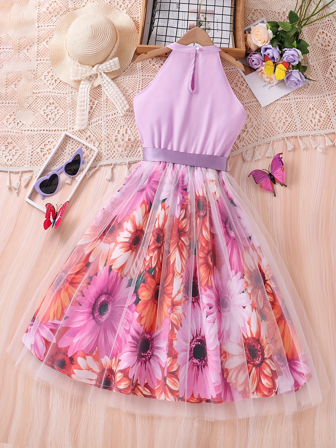 [Elegant Dress] Elegant Summer Party | Girls Splicing Flower Graphic Halter Neck Mesh Dress Tutu Dress | Gift