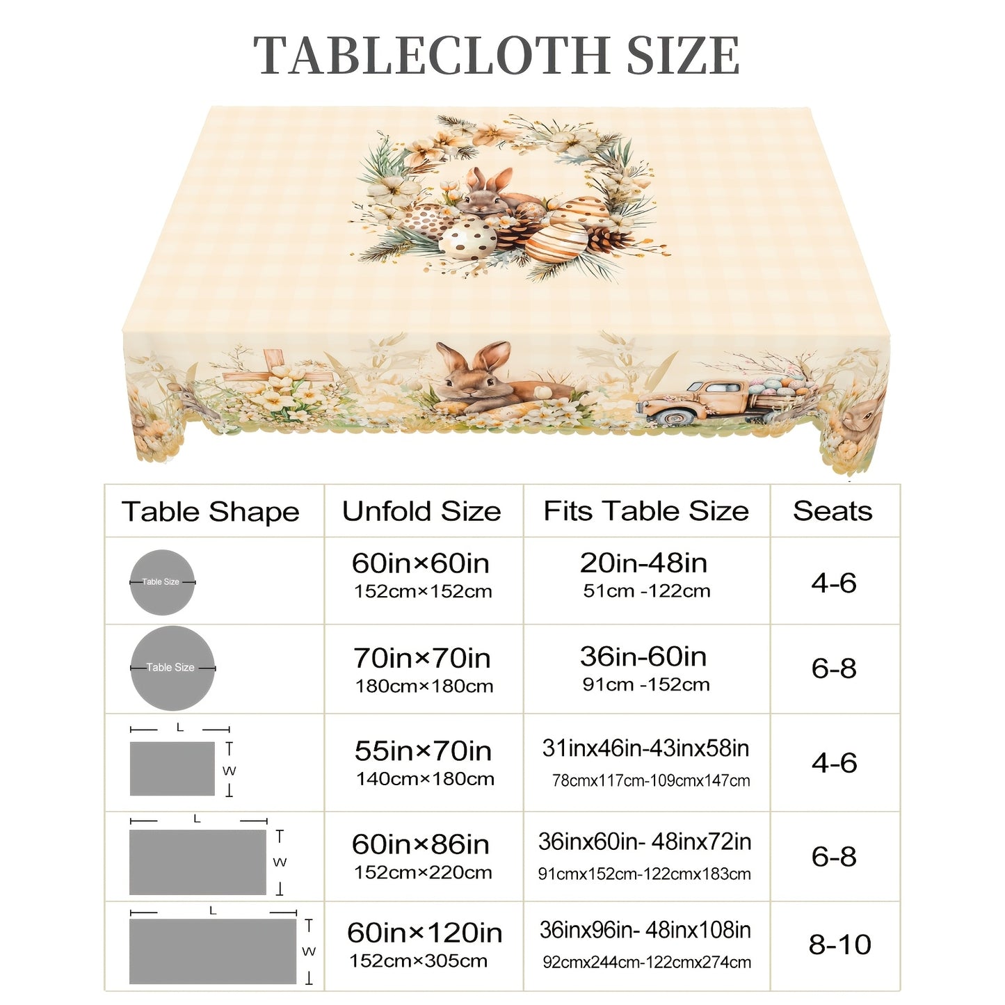 Durable Polyester Easter And Spring Themed Tablecloths, Tablecloths - Featuring Rabbit, Easter Egg, Flower, Cross, And Truck Patterns, Available in 5 Sizes - Round And Rectangular Tablecloths with Embossed Edges, Perfect for
