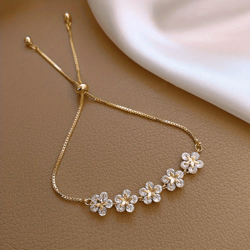 Adjustable Flower Beaded Chain Bracelet Inlaid Shiny Zircon 14K Plated Copper Hand Jewelry Decor For Women & Girls