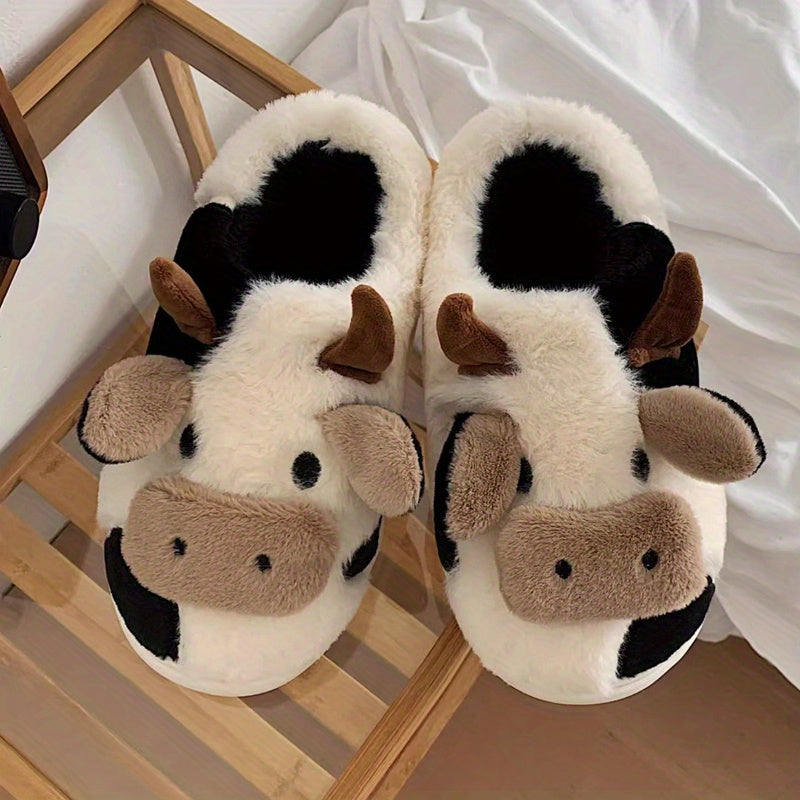 Cute Milk Cow Slippers | Women and Men Fuzzy Slippers, 2022 Winter Plush Platform Slides, Indoor Kawaii Shoes, Cartoon Style, Fabric Upper and Insole, TPU Sole