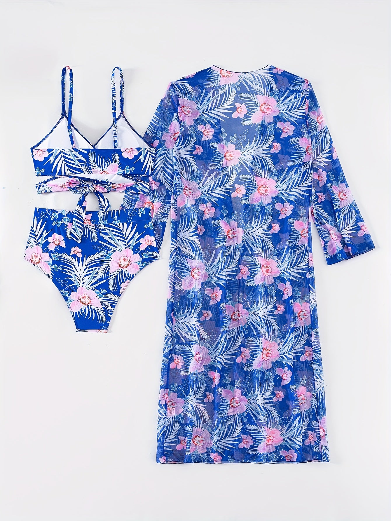 3 Piece Set Stretchy Floral Print Long Sleeve V Neck Tie Back Swimsuits - High Stretch Polyester Bikini Set with Kimono Cover Up - Perfect for Swimming and Beach Activities