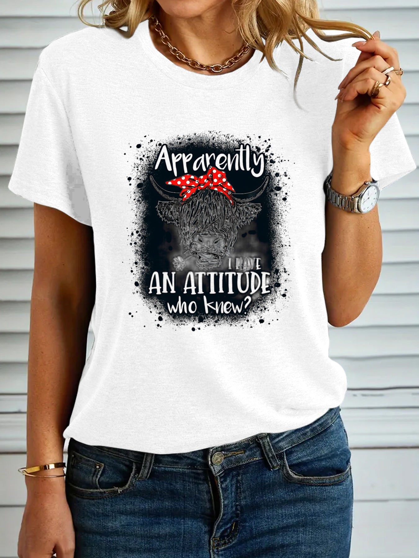 Women's Fashion T-shirt, "Apparently I Have An Attitude Who Knew" Highland Cow Pattern Casual Short Sleeve Top