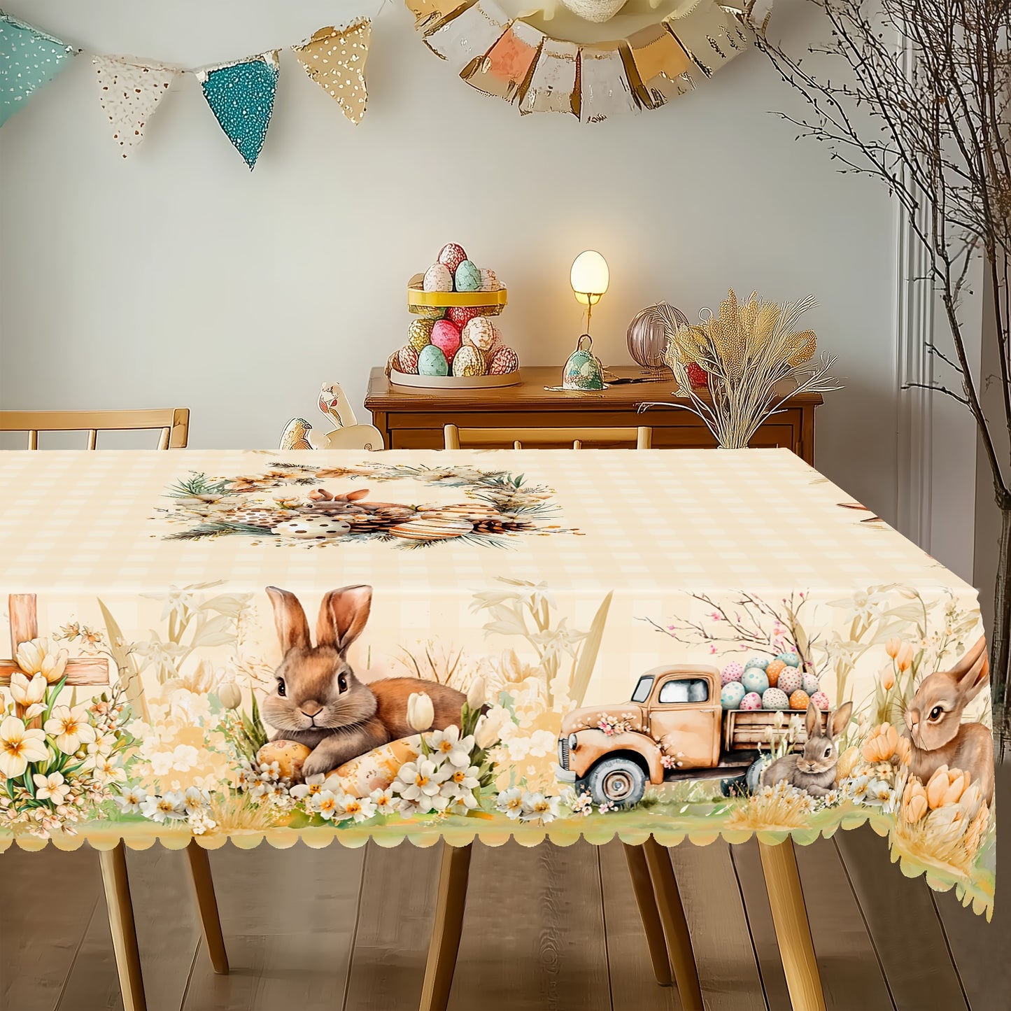 Durable Polyester Easter And Spring Themed Tablecloths, Tablecloths - Featuring Rabbit, Easter Egg, Flower, Cross, And Truck Patterns, Available in 5 Sizes - Round And Rectangular Tablecloths with Embossed Edges, Perfect for