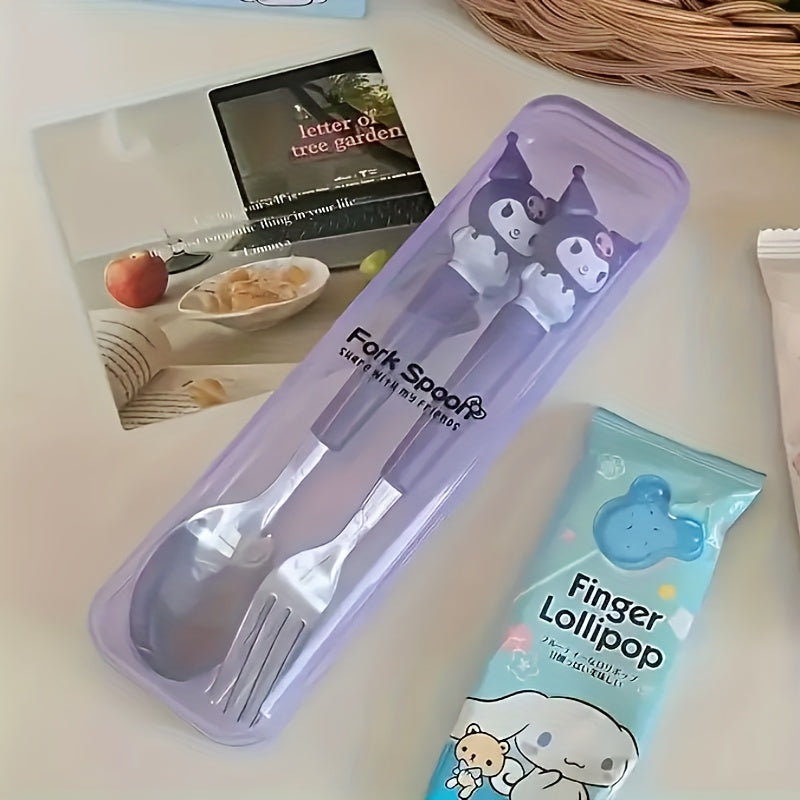 Sanrio Cute Cartoon 2pcs Tableware Suit-Stainless Steel Portable Travel Fork and Spoon with Cute Character Handle, Outdoor Eating Essentials, Onthego Dining, Fun Utensils, Stylish Cutlery, Polished Finish, Highquality Steel,