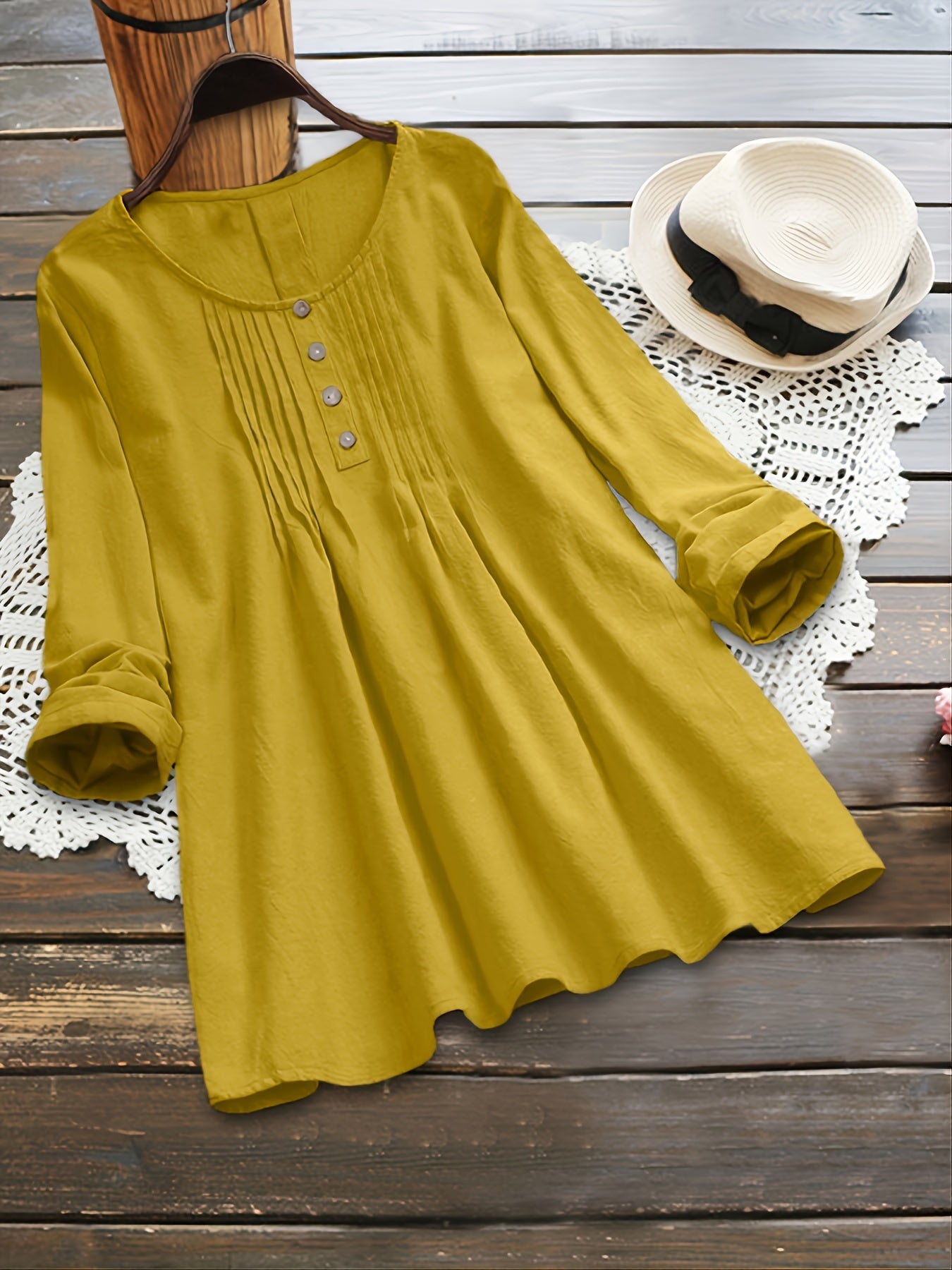 Plus Size - Plus Size Women'S Long Sleeve Loose Fit Round Neck Blouse - Light Green Pleated Casual Shirt with Button Details, Non-Stretch Fabric, Perfect for Spring/Fall, Ladies Blouses