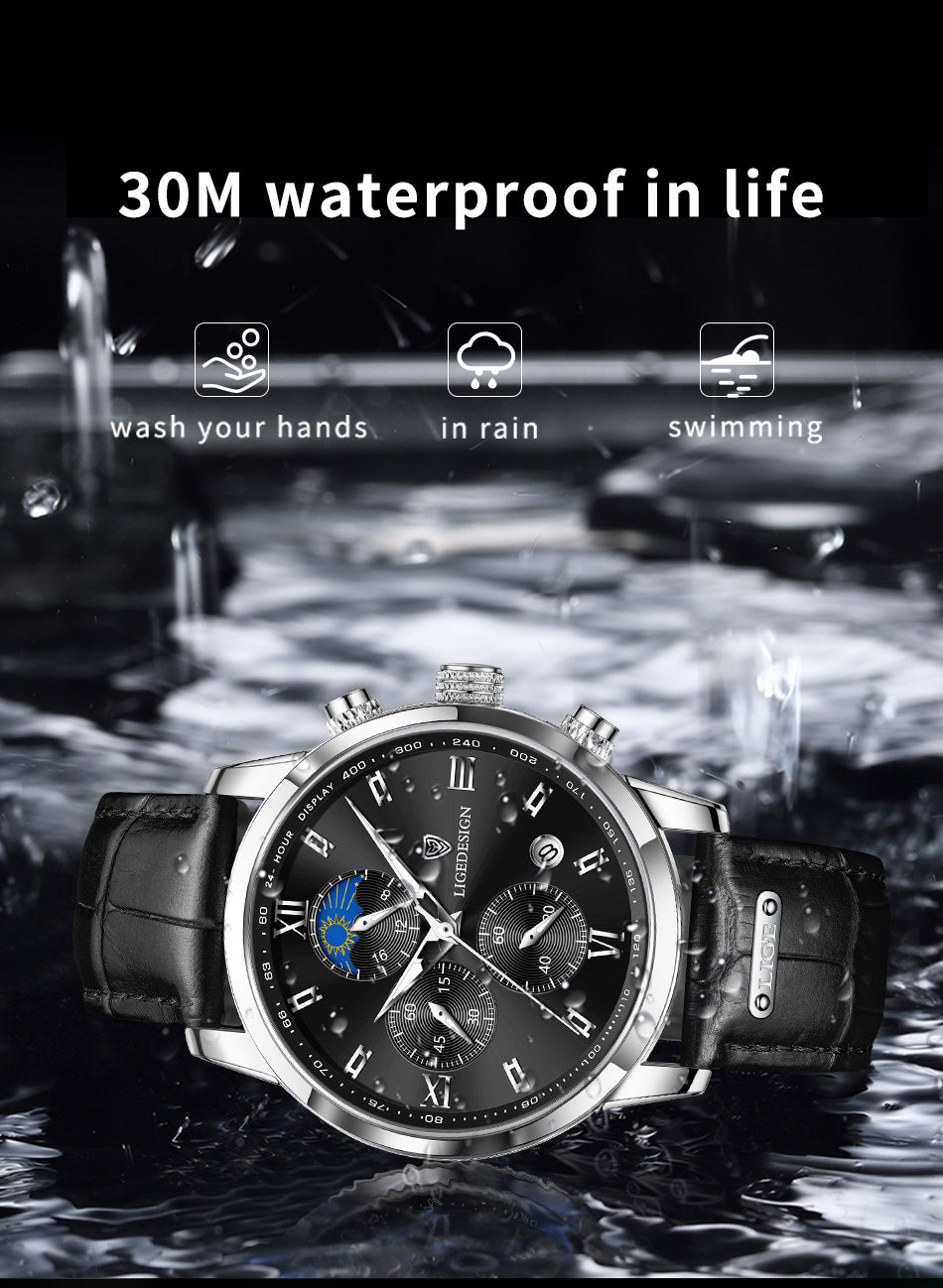 LIGE Men'S Quartz Watch | Vintage Style | Multi-Functional Chronograph | 30m | Calendar & Moon Phase | High-Quality Strap | Zinc Alloy Case, Electronic Drive | Non-rechargeable Button Battery | Luxury Business Watch, Business