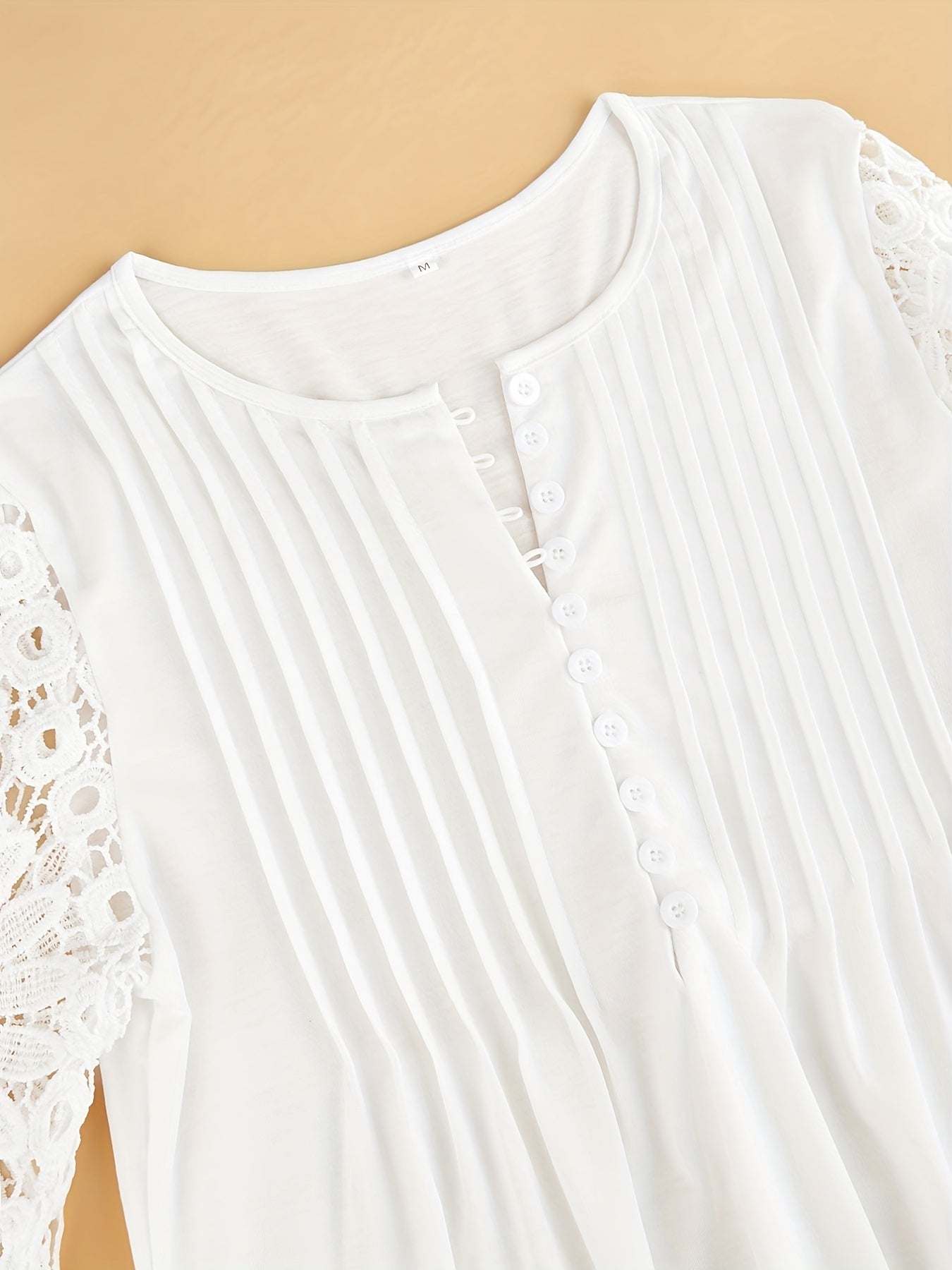 Lace Contrast Pleated Front T-Shirt, Button V Neck Long Sleeve T-Shirt, Casual Every Day Tops, Women's Clothing