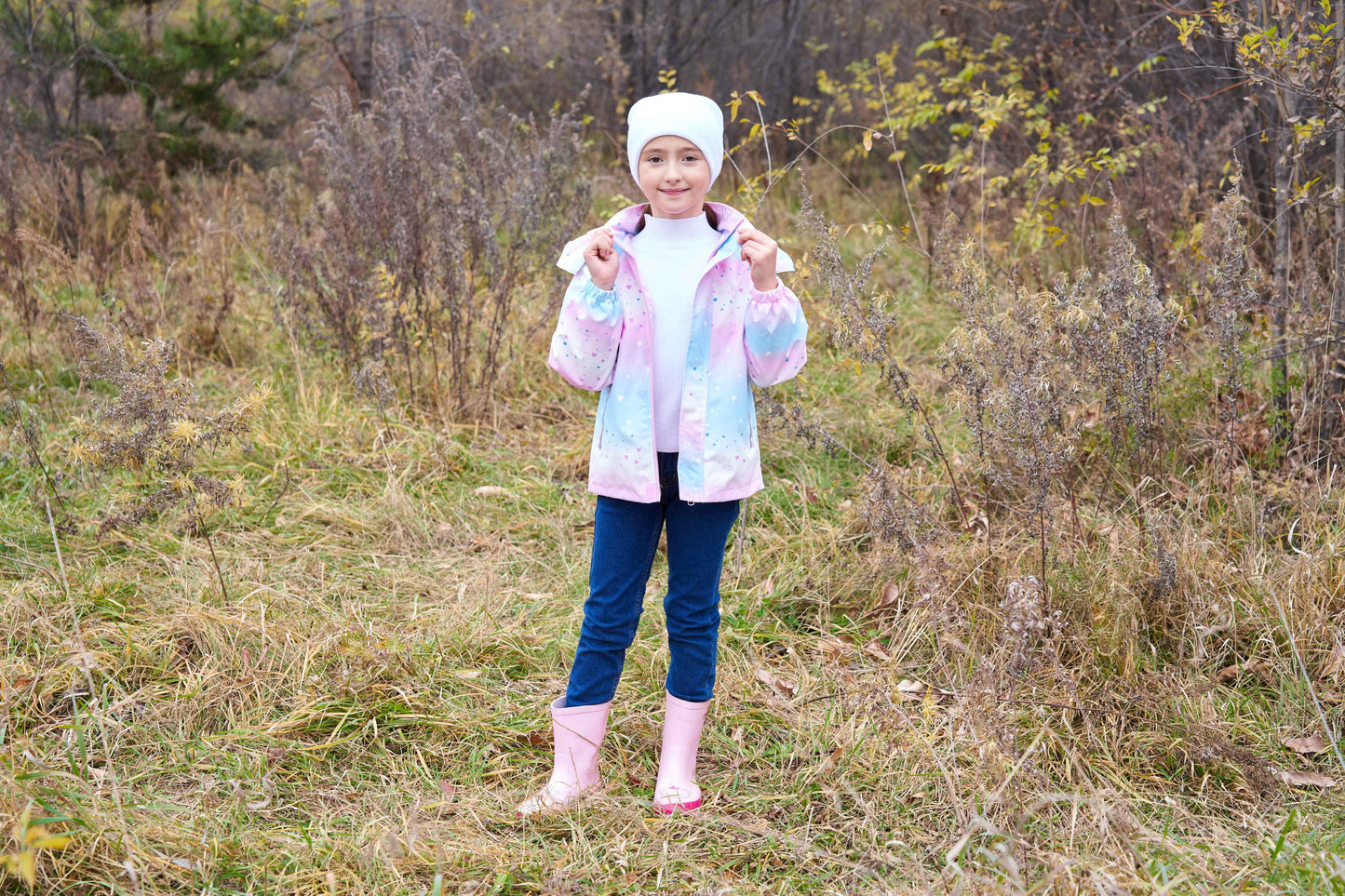 Girls' Gradient Color Hooded Jacket - Lightweight Windproof Winter Coat with Removable Hood, Zipper Closure & Animal Print Design for Casual Outings & Outdoor Play, Hooded Coat, Playful Design