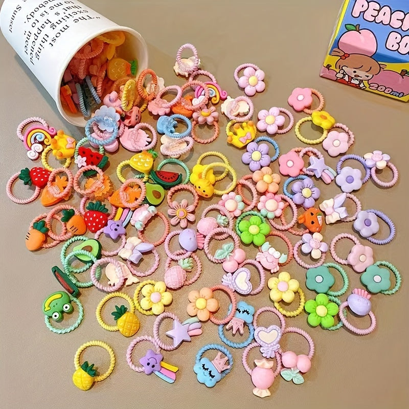 [60pcs Hair Ties] 60pcs Hair Ties, Cartoon Animals Flowers Fruits Decor Hair Bands | Baby Girls Decorative Hair Accessories Set Holiday Gift