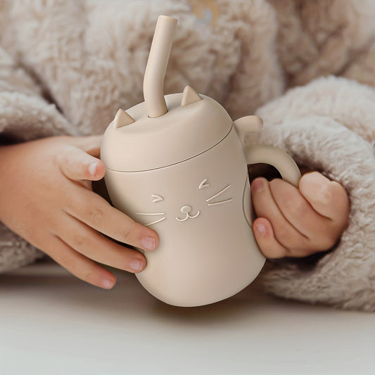 TYRY.HU Baby Learning Cup with Straw & Lid - Leak-Proof Soft Silicone Training Cup Suitable for, Feeding, Lid & Straw, Cute Cat, Easy to Clean, (4 Colors: ///)