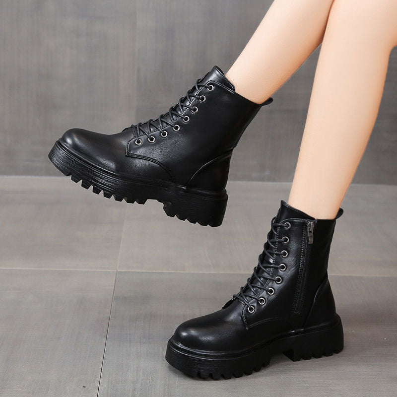 Women's Chunky Platform Round-Toe Ankle Boots with Thick TPR Sole & Faux Upper - Chunky Heel (1-2cm) Round Toe s, Black Faux & TPR Outsole for Casual, Office, Party - Round-Toe Booties