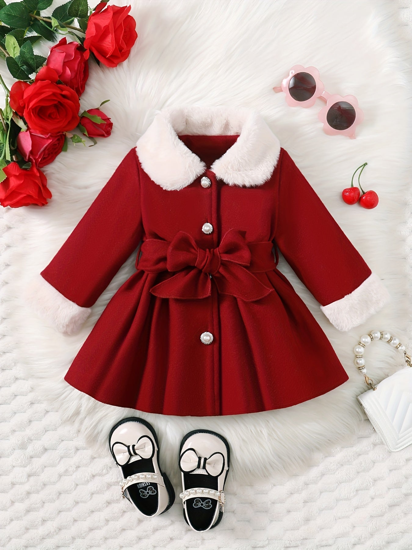 Fashionable And Versatile Coat for Baby Girls in Autumn And Winter, a Perfect Mother'S Day Gift. Adorable Plush Coat with a Bow And Collar, Designed for a Sweet Princess Look. Soft And Comfortable Outerwear to Keep Baby Warm