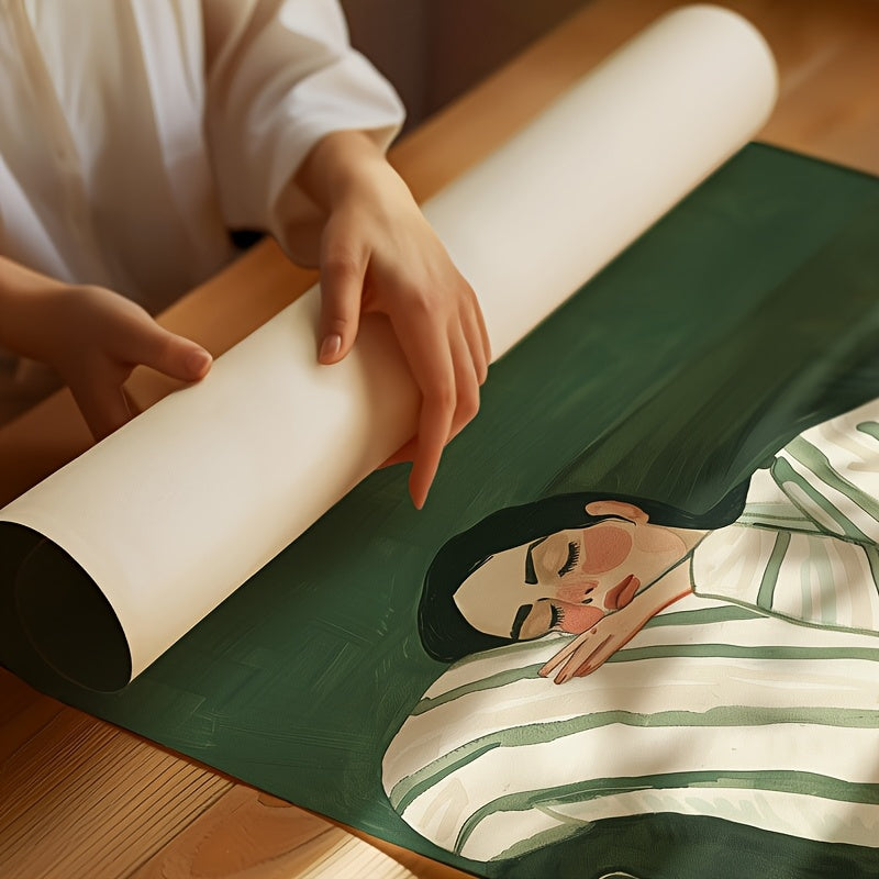 A Set of 2 Abstract Character Wall Art Prints, Featuring a Jade Green Striped Woman Canvas Poster, Minimalist Large Art Wall Decor, Coffee Lover Prints, Spring Decorations for Living Rooms, Bedrooms, Cafes, Bars, Offices, Hal