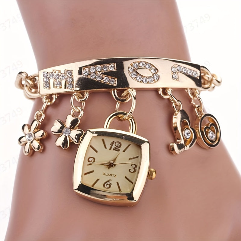 Exquisite LOVE Alphabet Bracelet Watch for Women - Quartz Movement with Flower Decor and Tonneau Dress Design - Perfect for Casual and Formal Occasions