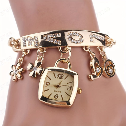 Exquisite LOVE Alphabet Bracelet Watch for Women - Quartz Movement with Flower Decor and Tonneau Dress Design - Perfect for Casual and Formal Occasions