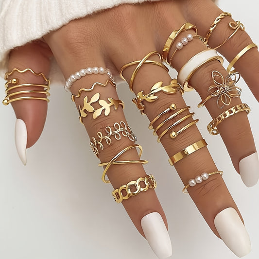 21pcs Chic Stacking Rings Trendy Leaf/ Flower/ Chain Design Mix And Match For Daily Outfits Party Accessories Gift For Your Family/ Friends