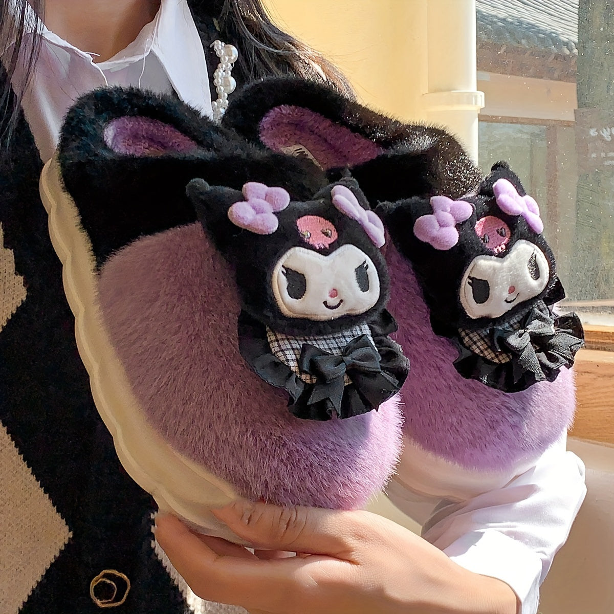 Sanrio Official Licensed  & Pochacco Women's Plush Slippers - Cute Anime Character House Shoes with Fuzzy Lining, Soft Fabric Upper & Sole, Winter Warmth for Indoor/ Use, Cozy Casual Footwear for Home & Daily Wear (/Purple/Br