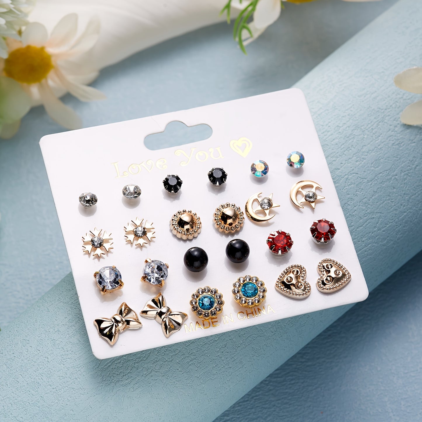 12Pairs/Set Flower Faux Pearl Heart Strawberry Stud Earrings Set, Simple Golden Earrings For Girls, Daily Week Earrings Set, Ideal choice for Gifts