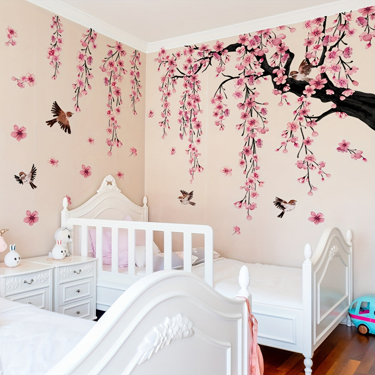A Set of 4 Creative Pink Peach Blossom Tree Bird Falling Flower Bathtub Stickers for The Living Room, Bedroom, And Bathroom Wall Decor MS7194-YC