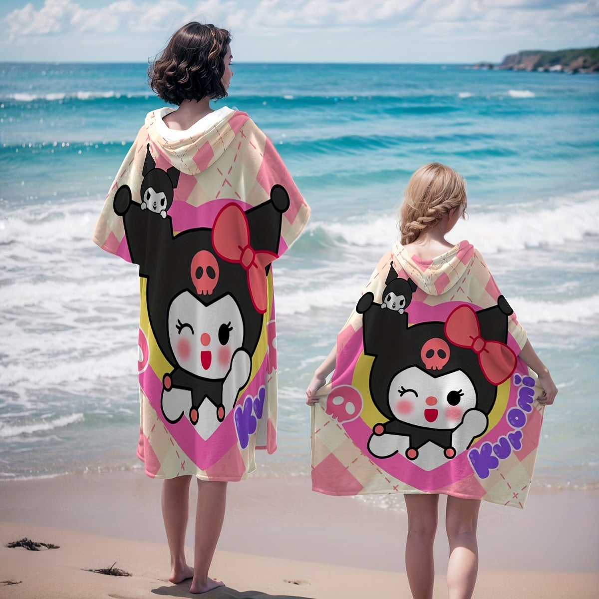 1pc Sanrio Kuromi Adult & Kids Wearable Beach Towel with Hood - Quick-Dry Microfiber Bathrobe, Cute Kuromi Character Swim Wrap, Machine Washable for Pool, Bath, Travel - Ideal for & Adults