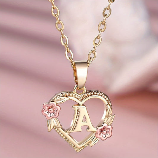 Exquisite Golden Initial Necklace Heart Carved 26 Letter A-Z And Flower Necklace For Women Daily Party Holiday Decoration Gift