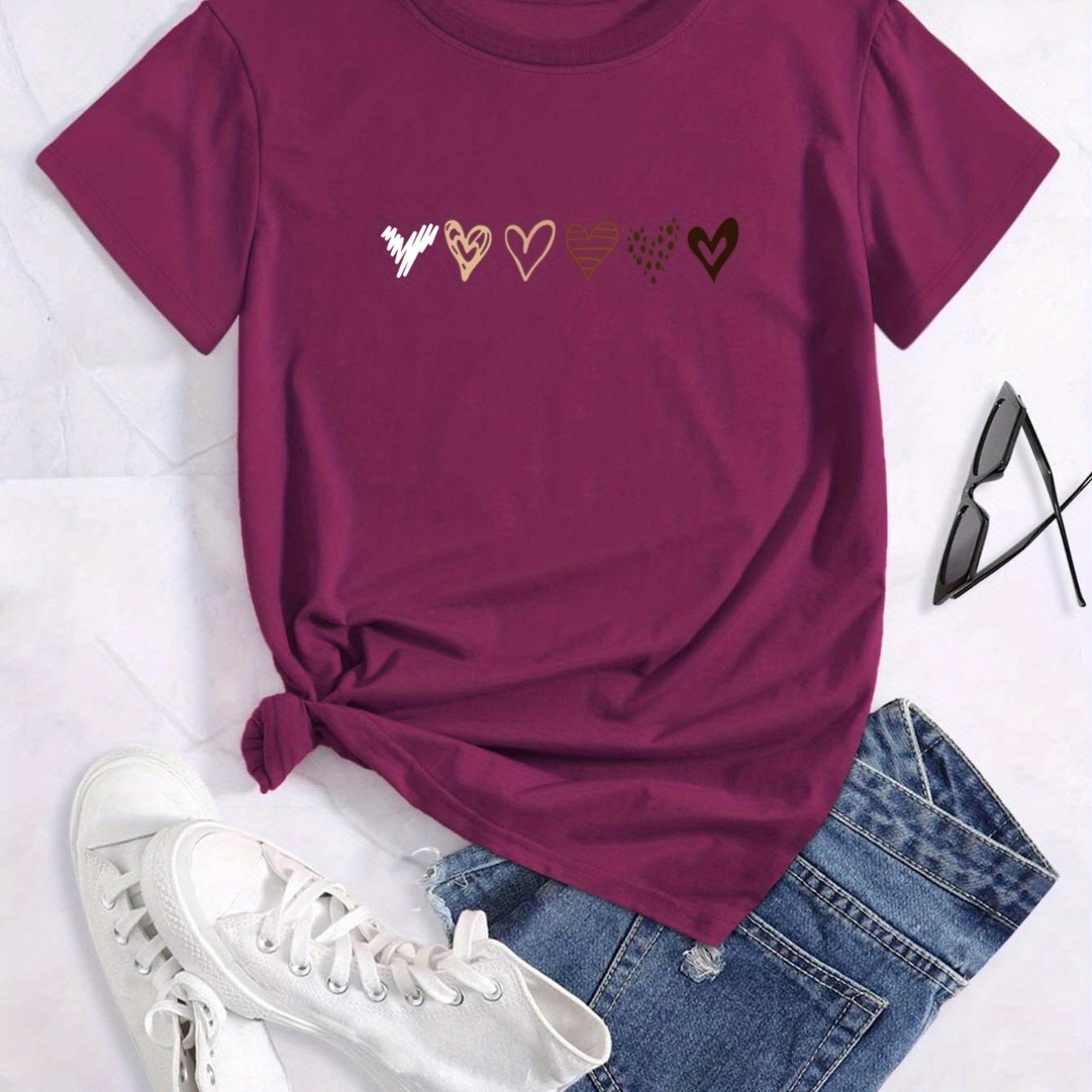 Chic Heart Motif Womens T-Shirt - Soft, Breathable Fabric - Perfect for Spring & Summer Leisurewear