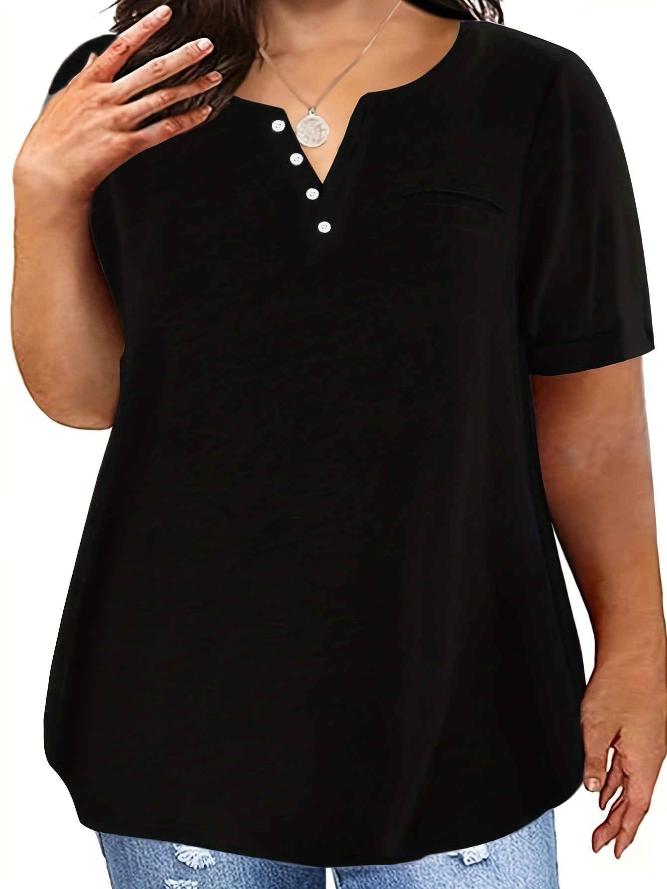 Plus Size Button Front Short Sleeve T-shirt, Women's Plus Slight Stretch Casual Tee