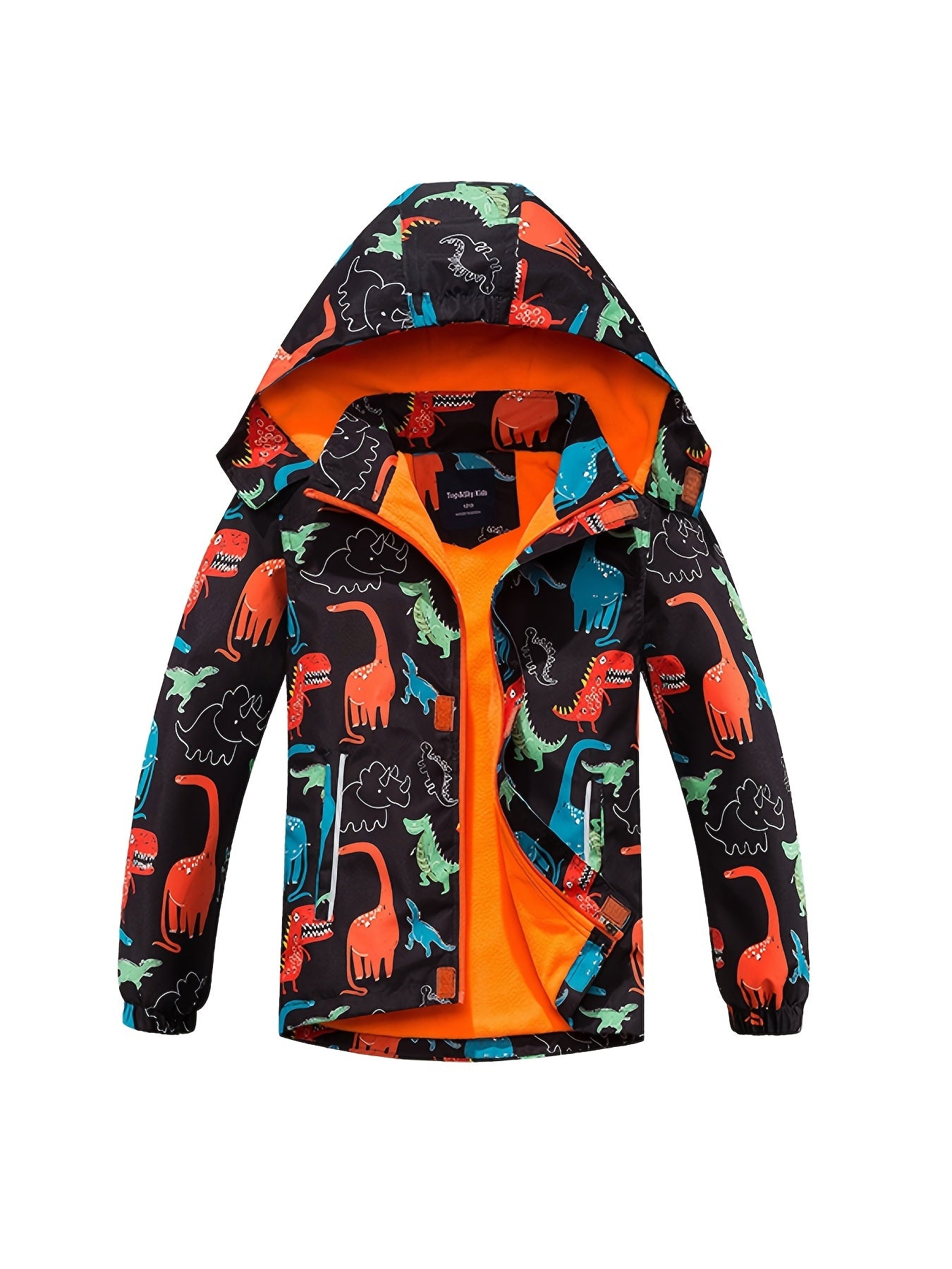 Boys' Dinosaur Jacket with Removable Hood & Windproof Fleece Lining - Lightweight Casual Zip-Up for Running, All-Season Playful Animal Print Coat, Dinosaur Clothes, Running Gear, Playful Design, Functional Zipper