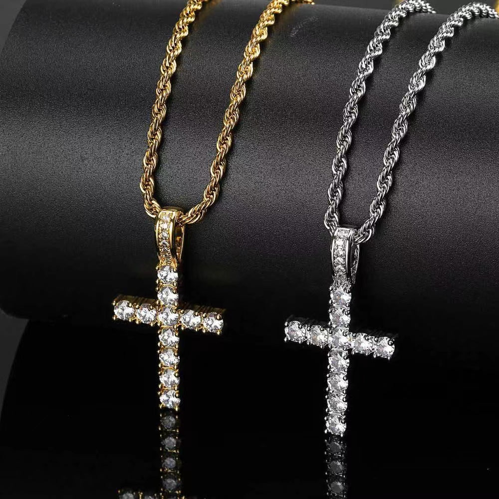 Hip Hop Cross Copper With 4mm Zirconia 14K Golden Plated Pendant Necklace