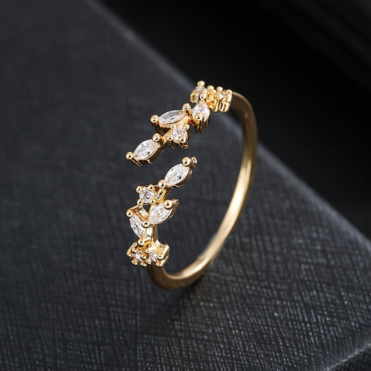 1pc Elegant Leaf Design Ring, Copper Material, Synthetic Zirconia Mosaic, Perfect for Daily and Party Occasions