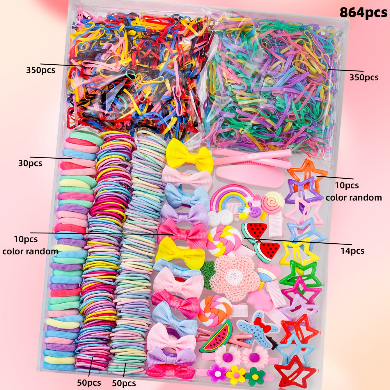 914/879/869/864/280pcs/set Kawaii Colorful Cartoon Hair Accessories Set, includes cartoon hair clips, claw clips, BB clips, rhinestone flower clips, various hair ties, scrunchies, and headbands - essential for daily cute styl