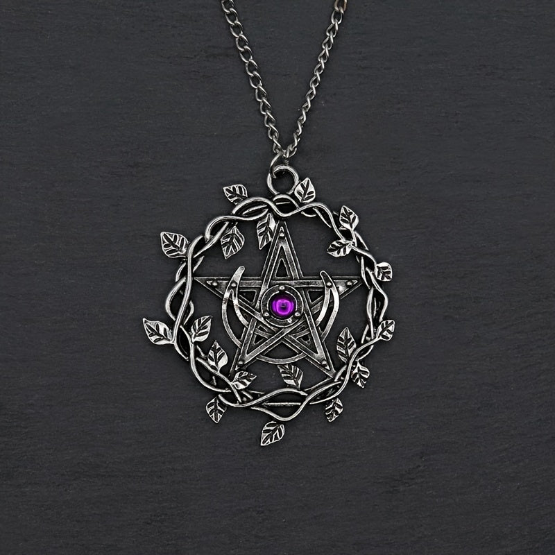 Vintage Pentagram Leaf Mosaic Purple Gemstone Pendant Necklace Women Fashion Wedding Party Jewelry Gifts