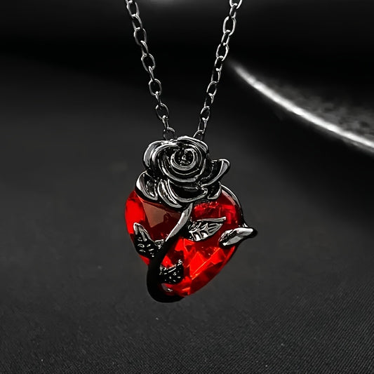 Elegant & Punk Style, Black Rose Shape With Red Heart Faux Diamond Pendant Necklace, Vintage & Delicate Twisted Flower Collarbone Chain, Valentine's Day Accessory