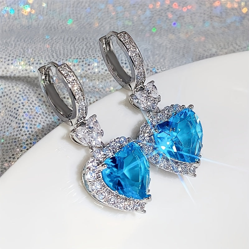 Aqua Blue Red Stone Heart Shaped Wedding Earrings for Women Eternity Love Earrings Engagement Additions Fashion Jewelry