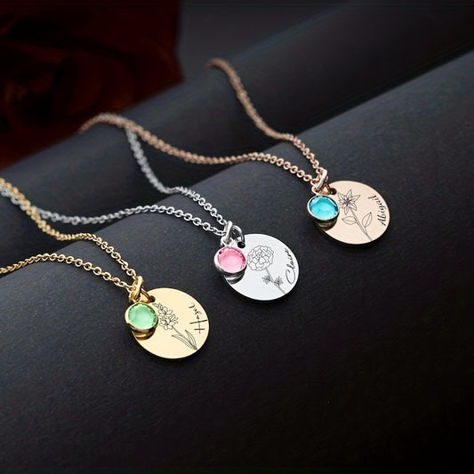 Birth Flower Engraved Necklace - Personalized Name Necklace with Birthstone and Customizable Record Time - Unique Mom Grandma Gift Idea with 12 Varieties of Birth Gemstones