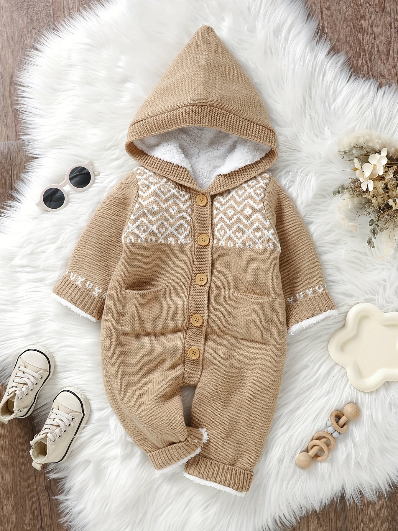 [Knit | Jumpsuit] Long Sleeve Hooded Newborn Boys And Girls Knitted Jumpsuit With Pants