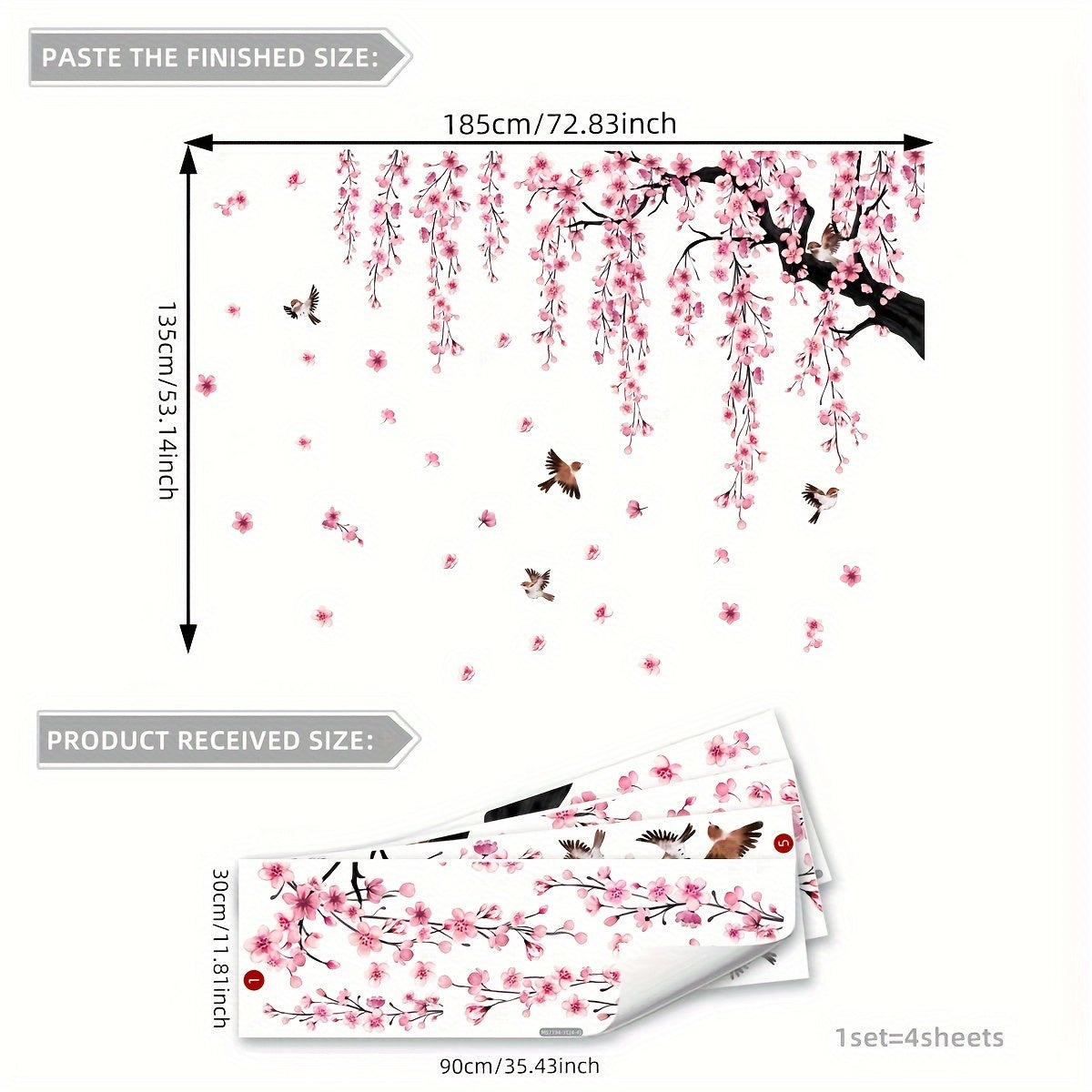 A Set of 4 Creative Pink Peach Blossom Tree Bird Falling Flower Bathtub Stickers for The Living Room, Bedroom, And Bathroom Wall Decor MS7194-YC